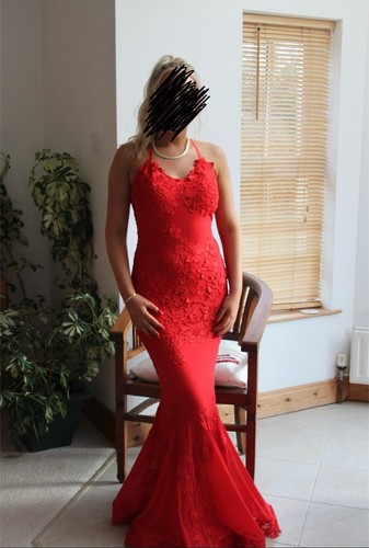 Red lace detail fishtail maxi - red,